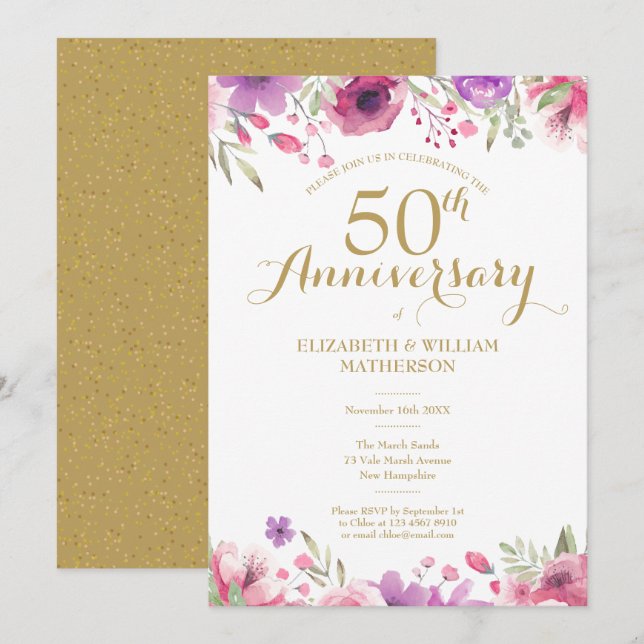 Invitation 50e anniversaire de mariage aquarelle florale (Devant / Derrière)