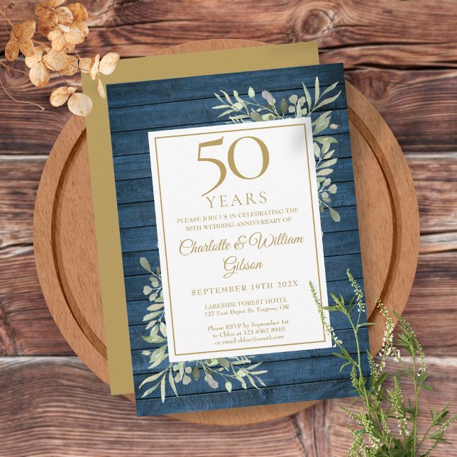 Invitation 50e anniversaire de mariage Bois rustique bleu ver (Créateur téléchargé)