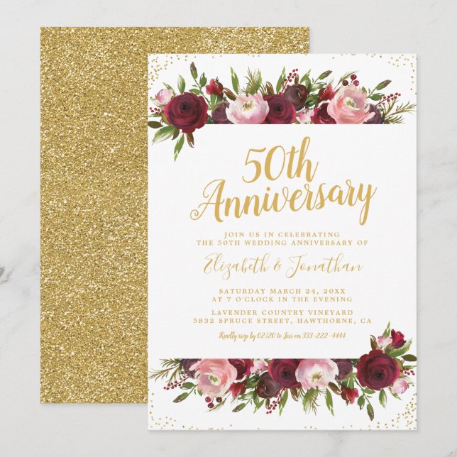 Invitation 50e Anniversaire de Mariage Bourgogne Rosé Or (Devant / Derrière)