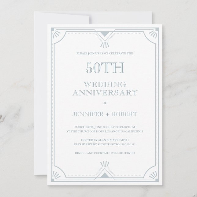 Invitation 50e anniversaire de mariage Cadre Art déco gris bl (Devant)