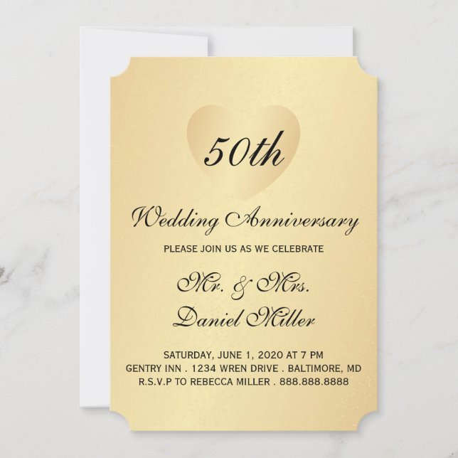 Invitation 50e anniversaire de Mariage coeur d'or (Devant)
