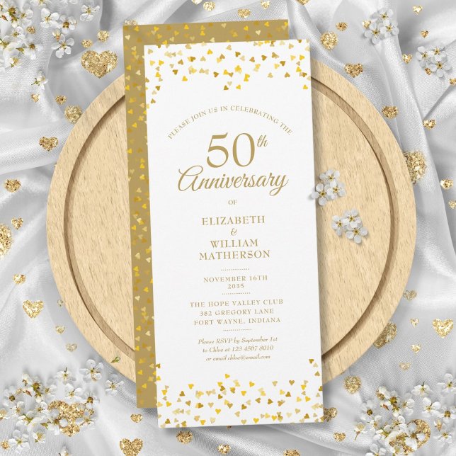 Invitation 50e Anniversaire de Mariage Cœurs d'Amour Dorés (50th Wedding Anniversary Golden Love Hearts Invitation)