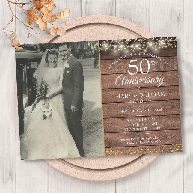 Invitation 50e Anniversaire de Mariage Cœurs en Or Rustique P (Créateur téléchargé)