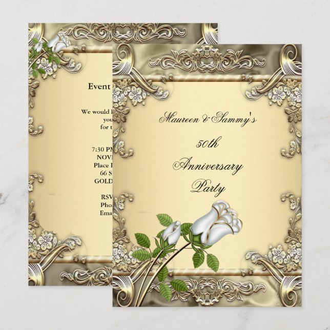 Invitation 50e Anniversaire de Mariage Crème Rose Or (Devant / Derrière)