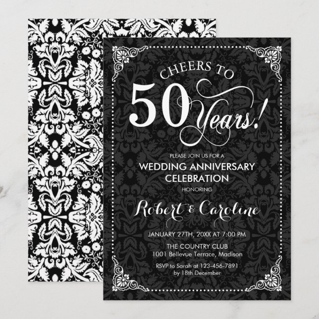 Invitation 50e anniversaire de mariage - Damask noir et blanc (Devant / Derrière)