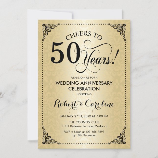 Invitation 50e anniversaire de mariage - Damier noir or (Devant)
