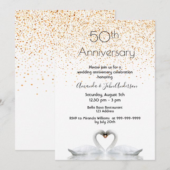 Invitation 50e anniversaire de mariage deux cygnes amoureux b (Devant / Derrière)