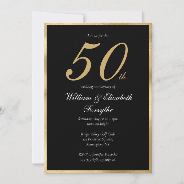 Invitation 50e anniversaire de mariage Élégant Or Noir (Devant)