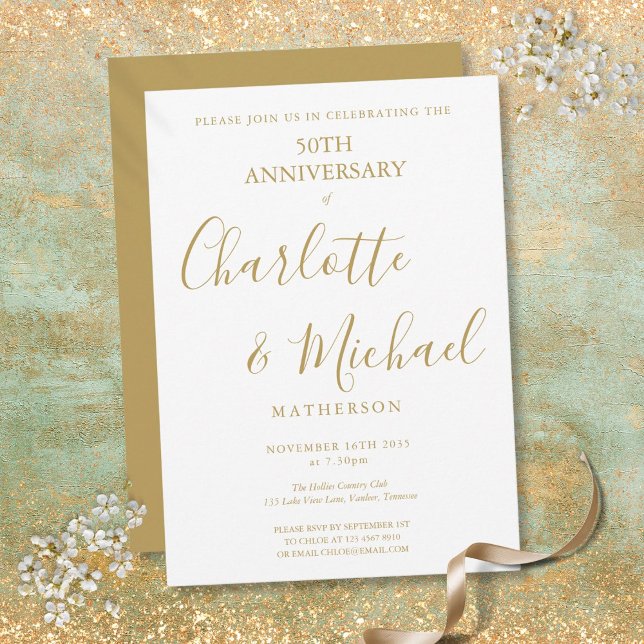 Invitation 50e anniversaire de mariage Élégante signature dor (50th Wedding Anniversary Elegant Golden Signature Invitation)