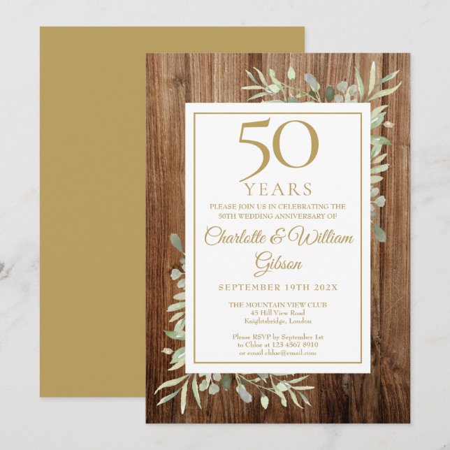 Invitation 50e Anniversaire de Mariage en Or Bois Rustique Fe (Devant / Derrière)