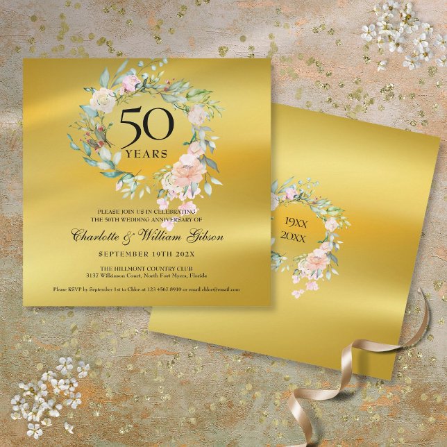Invitation 50e Anniversaire de Mariage en Papier à Fois Doré (50th Golden Wedding Anniversary Floral Gold Foil Invitation)