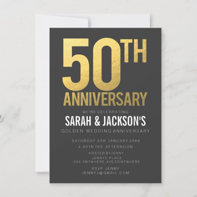 Invitation 50e Anniversaire de Mariage Fête Or Gris (Devant)