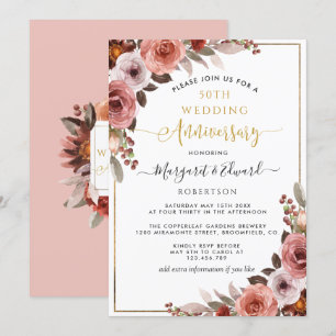 Invitation 50e anniversaire de mariage, fleurs dorées et rose