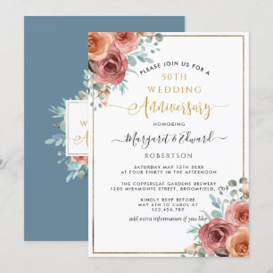 Invitation 50e Anniversaire de Mariage, Floral Bleu Poussiére