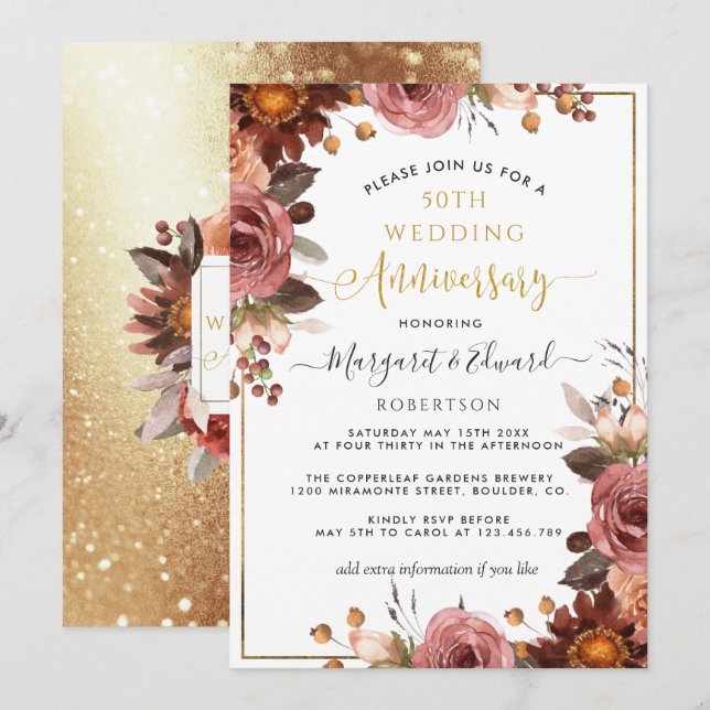 Invitation 50e anniversaire de mariage, floral doré et burgun (Devant / Derrière)