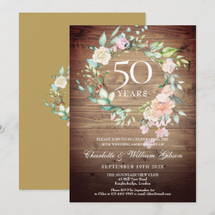 Invitation 50e anniversaire de Mariage Floral Rose rustique