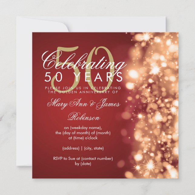 Invitation 50e anniversaire de mariage Glam Paillettes Or & R (Devant)
