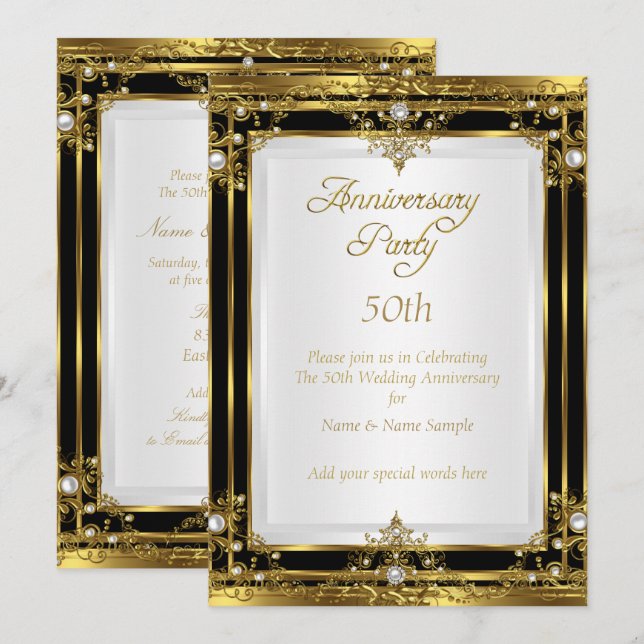 Invitation 50e anniversaire de Mariage Gold Black White Pearl (Devant / Derrière)