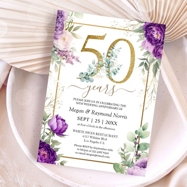 Invitation 50e anniversaire de Mariage Gold Purple Peony (Créateur téléchargé)