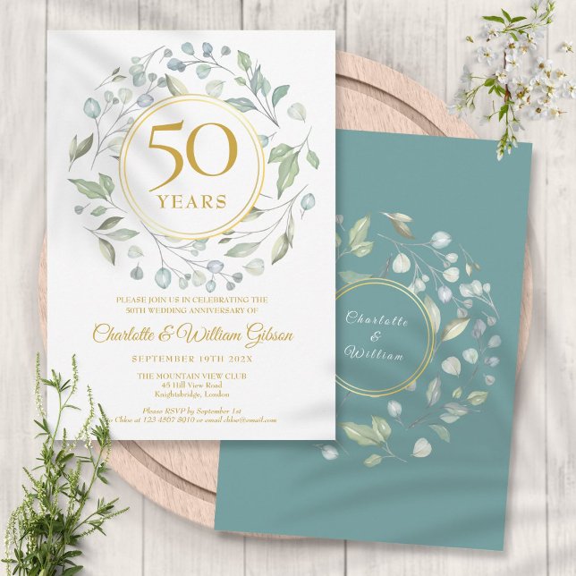 Invitation 50e anniversaire de mariage Golden Laurel verdure  (Créateur téléchargé)