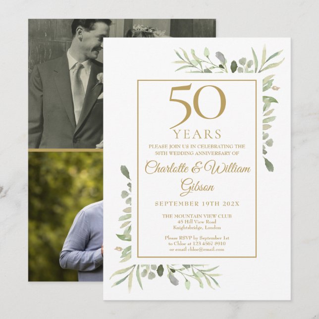 Invitation 50e anniversaire de mariage Greenery 2 Photo (Devant / Derrière)