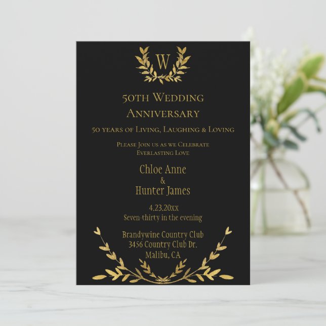 Invitation 50e anniversaire de Mariage Monogramme d'or Invita (Debout devant)