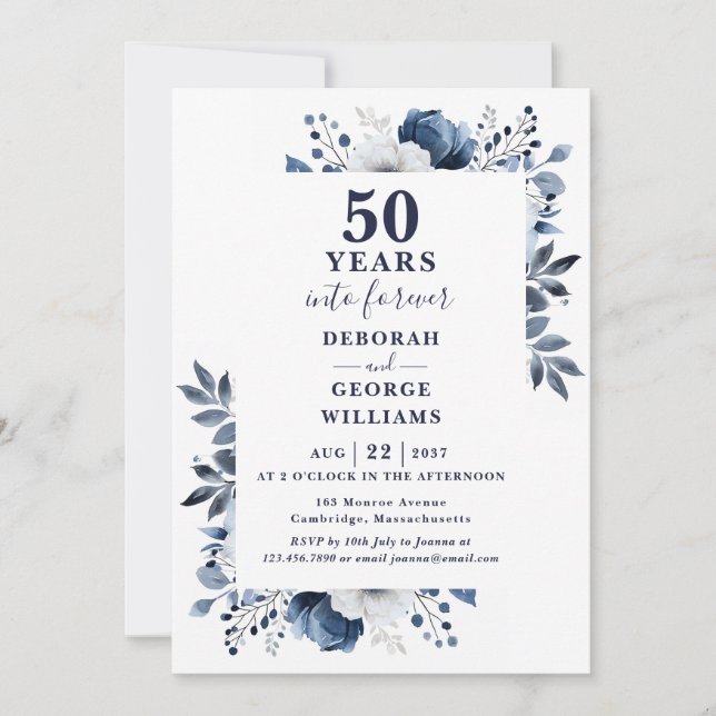 Invitation 50e anniversaire de Mariage Monogramme floral bleu (Devant)