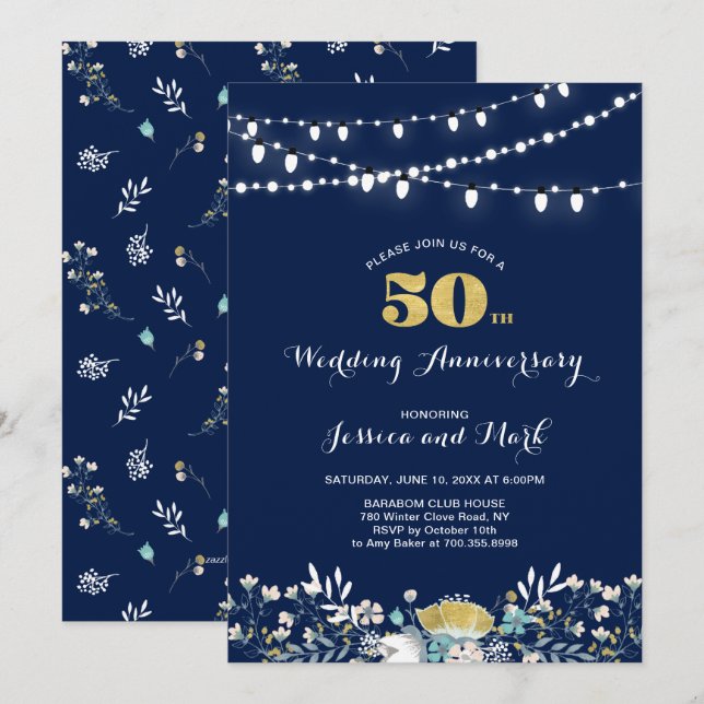 Invitation 50e anniversaire de mariage Navy & Or (Devant / Derrière)