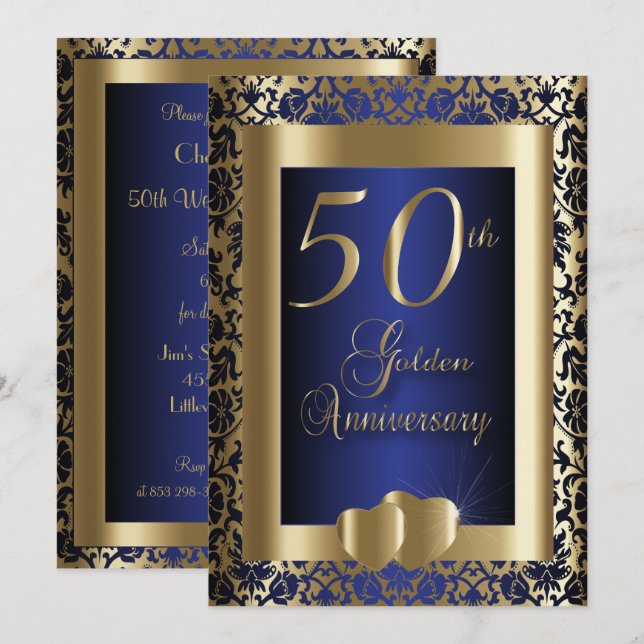 Invitation 50e anniversaire de mariage Noces d'or et de bleu  (Devant / Derrière)