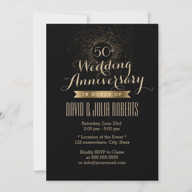 Invitation 50e anniversaire de mariage noir et or moderne (Devant)
