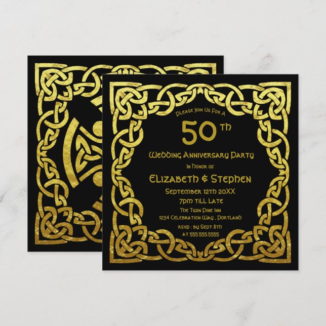 Invitation 50e anniversaire de Mariage Noir & Or noeud celtiq (Devant / Derrière)