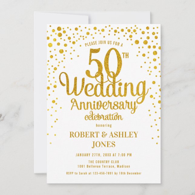 Invitation 50e anniversaire de mariage - Or & Blanc (Devant)