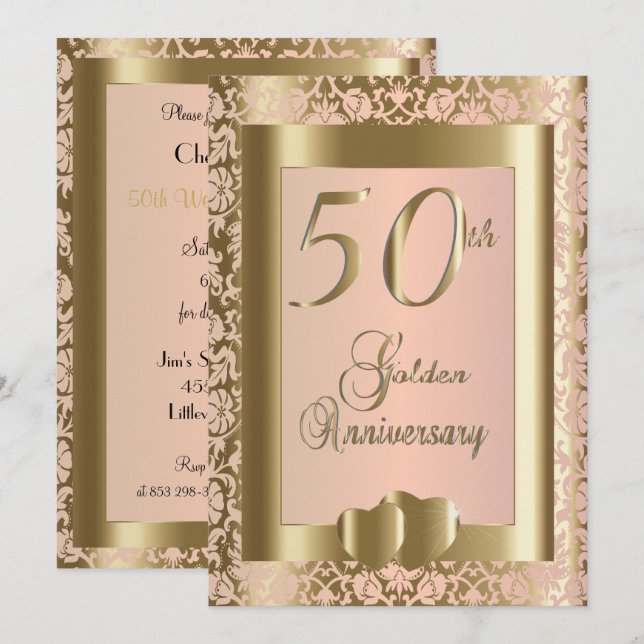 Invitation 50e anniversaire de mariage Or et Rose | DIY Texte (Devant / Derrière)