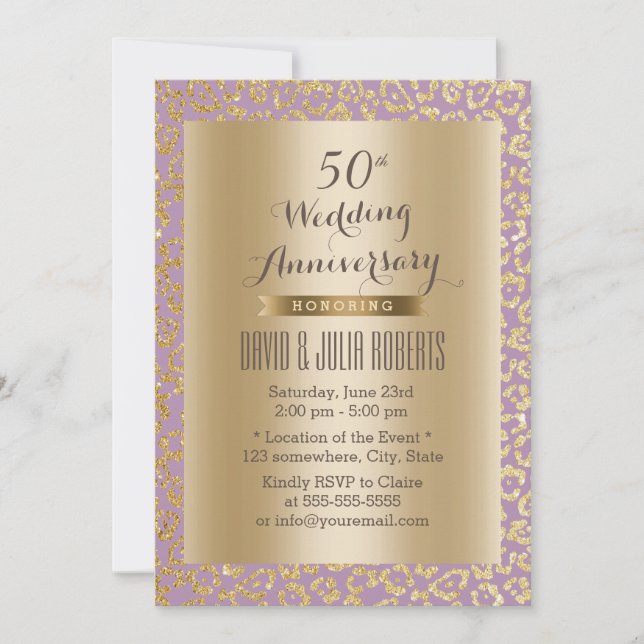 Invitation 50e Anniversaire de Mariage Or & Léopard Violet (Devant)