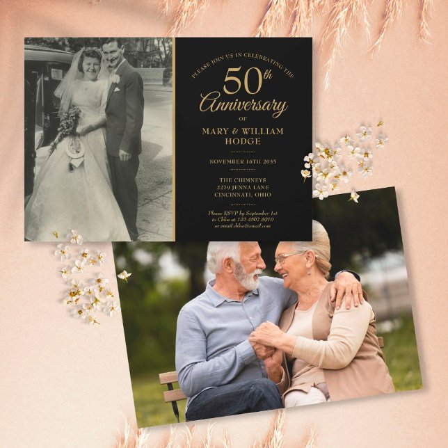 Invitation 50e anniversaire de mariage or noir 2 photos (Créateur téléchargé)