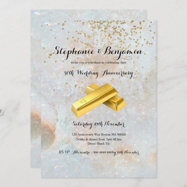 Invitation 50e anniversaire de mariage paillettes or élégant  (Devant / Derrière)