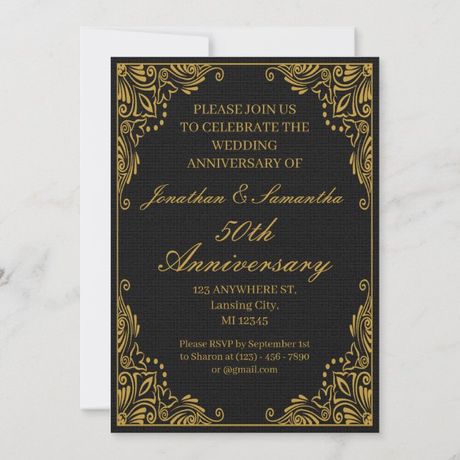 Invitation 50e anniversaire de mariage personnalisé Gold Noir (Dos)