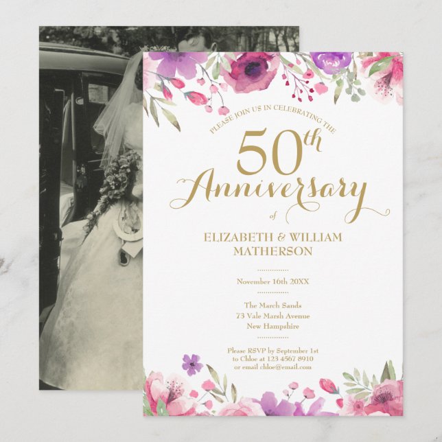 Invitation 50e Anniversaire de Mariage Photo Roses Aquarelle (Devant / Derrière)