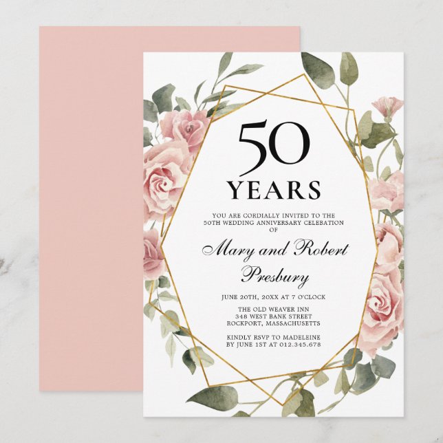 Invitation 50e Anniversaire de Mariage Rose Fleur Rose Floral (Devant / Derrière)