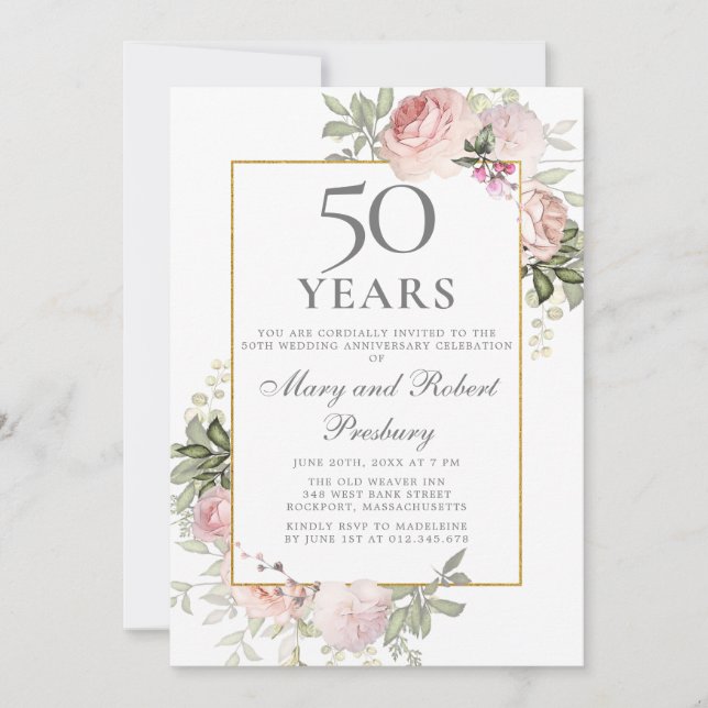 Invitation 50e anniversaire de mariage Rose rose florale (Devant)