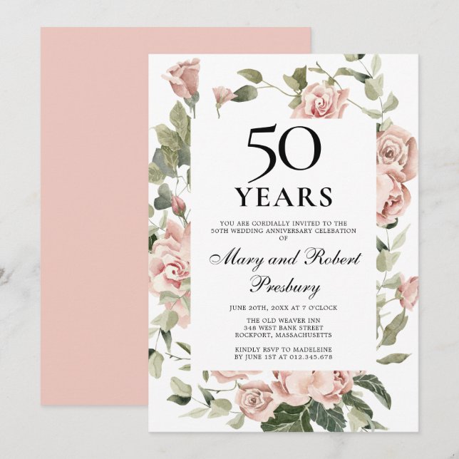 Invitation 50e anniversaire de mariage Rose rose florale (Devant / Derrière)