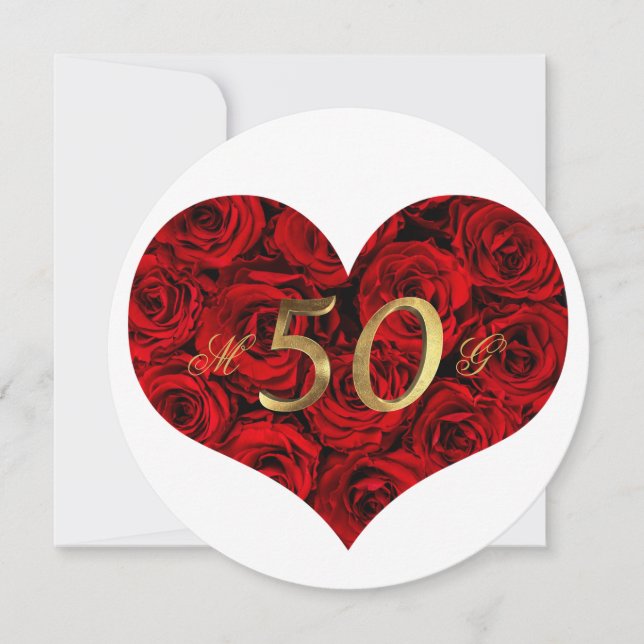 Invitation 50e anniversaire de mariage Roses rouges Cœur Élég (Devant)