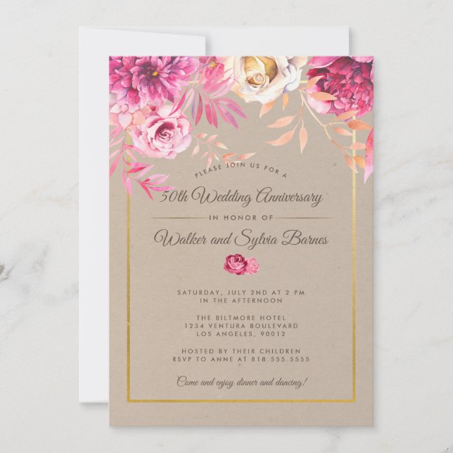 Invitation 50e anniversaire de mariage Rustique Rose (Devant)