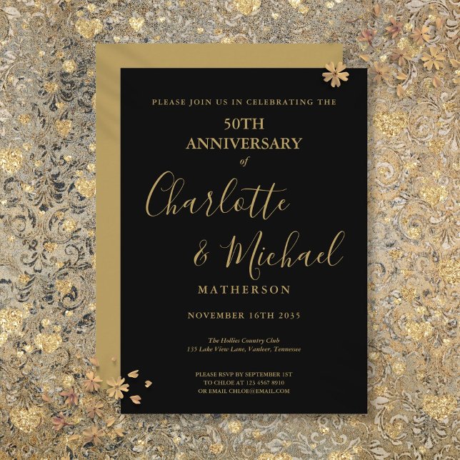 Invitation 50e anniversaire de mariage signature noir or (50th Wedding Anniversary Black Gold Signature Invitation)