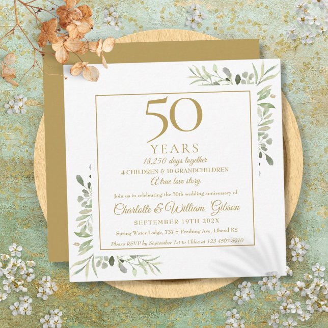 Invitation 50e anniversaire de Mariage Souvenirs Carré de ver (50th Wedding Anniversary Memories Greenery Square Invitation)