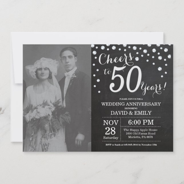 Invitation 50e anniversaire de mariage tableau noir argent (Devant)