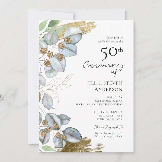 Invitation 50e anniversaire de mariage végétation eucalyptus  (Devant)