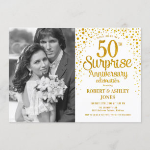 Invitation 50e anniversaire de surprise avec photo - or blanc
