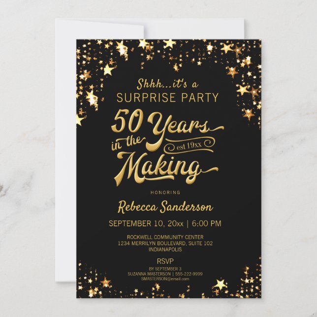 Invitation 50e anniversaire de surprise | Black & Gold Stars (Devant)
