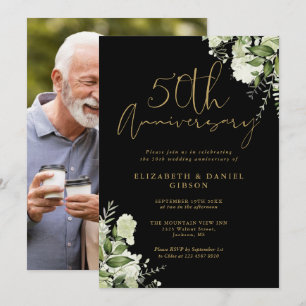 Invitation 50e Anniversaire de verdure Photo Noir et Or